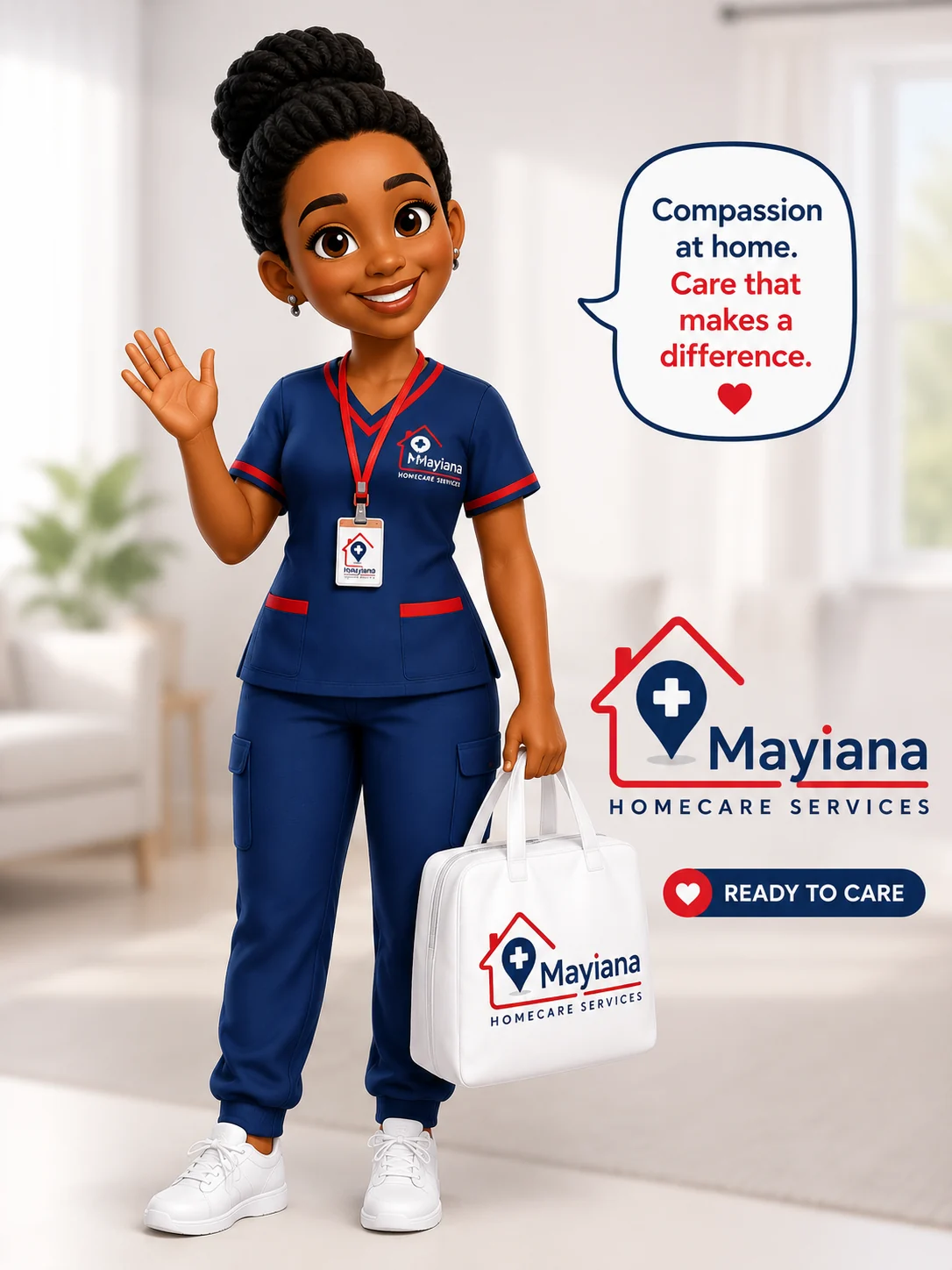 Mayiana Homecare Services caregiver mascot welcoming clients